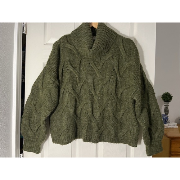Madewell Olive Green Chunky Knit Cowl Neck Sweater Women's L Logenlook Boho Cozy - Picture 2 of 9